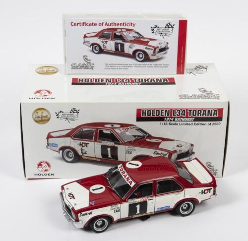 TORANA: A limited edition 1:18 scale Classic Carlectables Holden L34 Torana as raced by Peter Brock/Brian Sampson in 1974 Bathurst, #1, with COA numbered 1578/2500, in double fitted box, box faded