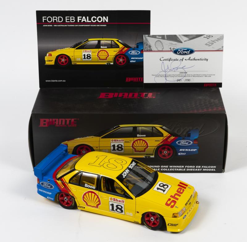 FALCON: A limited edition 1:18 scale Biante Ford EB Falcon as raced by  J.ohn Bowe in 1993 ATCC round one winner, #18, with COA numbered 241/700  signed by Bowe, missing the aerial, in fitted box - Price Estimate: $ - $