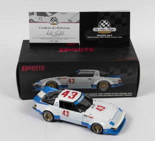 RX7: A limited edition 1:18 scale Biante Mazda RX7 as raced by Allan Moffat/D.Bell in 1981 James Hardie 1000 third place, #43, with COA numbered 171/500 signed by Moffat, missing rigth rearwiew mirror, in fitted box