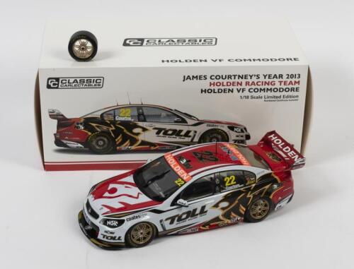 COMMODORE: A limited edition 1:18 scale Classic Carlectables Holden VF Commodore as raced by James Courtney in 2013, Holden Racing Team, #22, with COA numbered 164/1000, four Wheels detached but present, half styrofoam box, in double fitted box