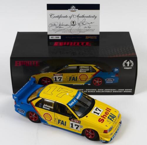 FALCON: A limited edition 1:18 scale Biante Ford EB Falcon as raced by Dick Johnson/John Bowe in 1994 Tooheys 1000 winner, #17, with COA numbered 497/3500 signed by Bowe/Johnson, aerial missing, in fitted box
