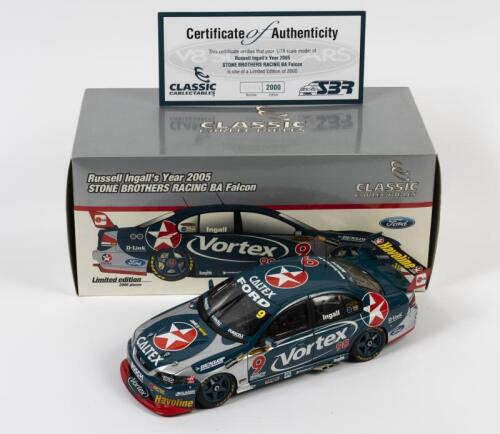 FALCON: A limited edition 1:18 scale Classic Carlectables Ford Falcon, Stone Brothers Racing BA Falcon as raced by Russell Ingall in 2005, #9, with COA numbered 54/2000, in fitted box, box faded