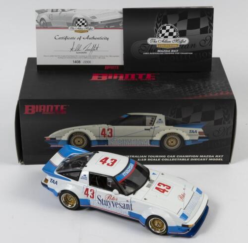 RX7: A limited edition 1:18 scale Biante Mazda RX7 as raced by Allan Moffat in 1983 ATCC, #43, with COA numbered 1408/2000 signed by Moffat, in fitted box