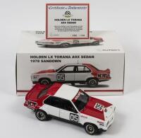 TORANA: A 1:18 scale Autoart Holden LX Torana A9X Sedan as raced by Peter Brock in 1978 at Sandown, with COA numbered 1102/1700, #5, aerial detached but present, in fitted box, box faded