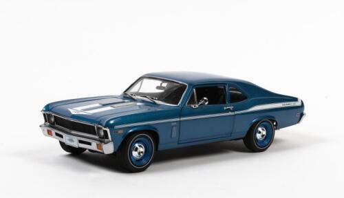 NOVA: A 1:18 scale AutoWorld Chevrolet Nova "Yenko/SC" 427 from 1969, blue with white stripes, opening front doors and hood, including extensive chrome trim work, no box