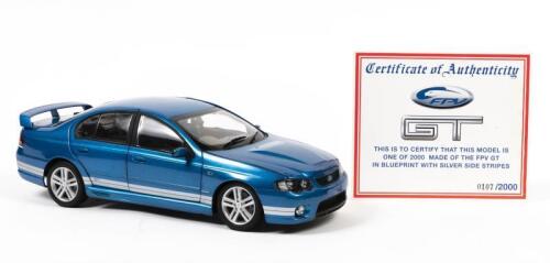 FALCON: A 1:18 scale Biante Ford Falcon FPV BF MKII GT, blue with silver side stripes, with COA numbered 107/2000, no box