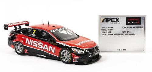 ALTIMA: A 1:18 scale Apex Replicas Nissan Altima as raced by Rick Kelly #15 and T.Kelly #7, missing the left mirror and the windshield wipers, wheels repaired with glue, with COA numbered 48/180, no box