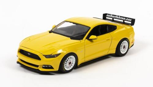 MUSTANG: A 1:18 scale Maisto Ford Mustang GT, year 2015, yellow, opening doors, hood and boot, wheels repaired with sticky tape, no box