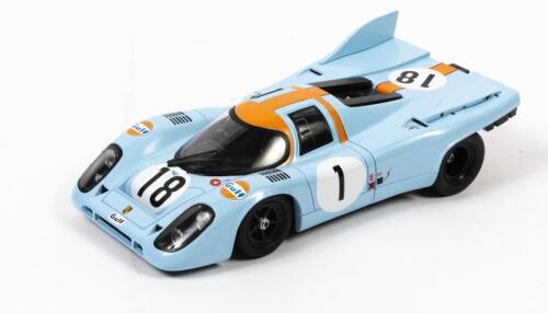 PORSCHE: A 1:18 scale Norev Porsche 917K, #18, 24h Le Mans training, light blue, sponsored by Gulf, left spoiler detached but present, no box