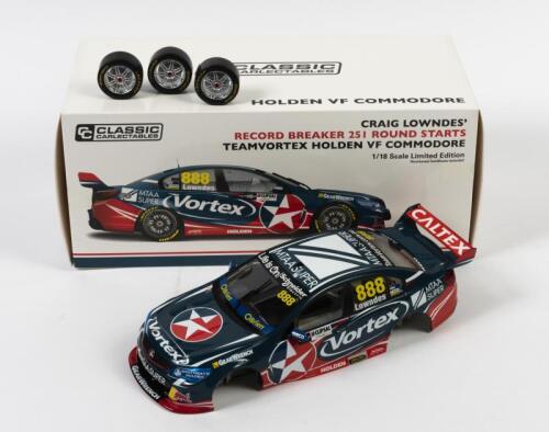 COMMODORE: A limited edition 1:18 scale Classic Carlectables Holden VF Commodore as raced by Craig Lowndes, record breaker 251 round starts, with COA numbered 618/2000, #888, Team Vortex, wheels repaired with glue, in double fitted box
