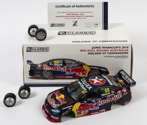 COMMODORE: A limited edition 1:18 scale Classic Carlectables Holden VF Commodore as raced by Jamie Whincup in 2016 Red Bull racing Australia, #88, with COA numbered 470/750, missing aerial and the four wheels are attached with sticky tape, in double fitte