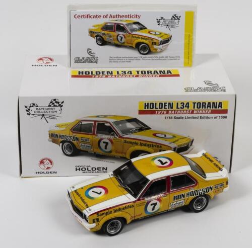 TORANA: A limited edition 1:18 scale Classic Carlectables Holden L34 Torana as raced by Bob Morris/John Fitzpatrick in 1976 Bathurst winner, #7, with COA numbered 755/1500, missing mirror, in fitted box, box faded