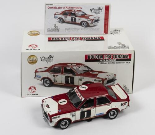 TORANA: A limited edition 1:18 scale Classic Carlectables Holden L34 Torana as raced by Peter Brock/Brian Sampson in 1974 Bathurst, #1, with COA numbered 129/2500, in double fitted box, box faded