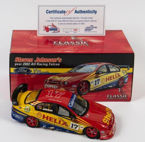 FALCON: A limited edition 1:18 scale Classic Carlectables Ford Falcon as raced by Steven Johnson in 2002 AU racing Falcon ,#17, Shell livery, with COA numbered 770/1000, in double fitted box