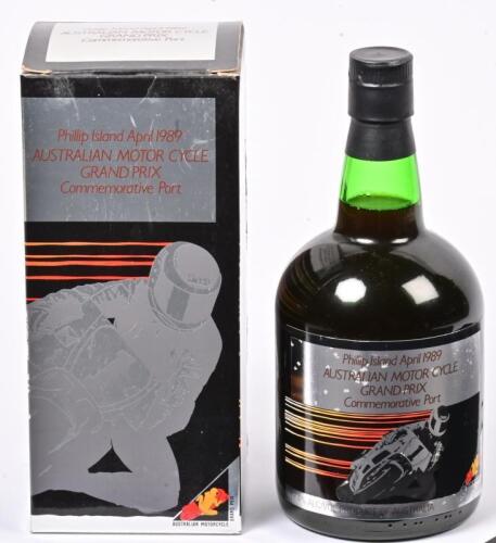 MOTORCYCLE GRAND PRIX: A bottle of Angrove's commemorative port from the Australian Motor Cycle Grand Prix in Phillip Island 1989