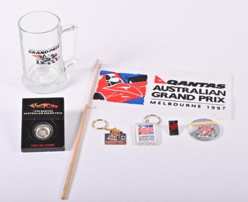 MELBOURNE GP: A collection of commemorative items from the Melbourne Grand Prix 1997-99, including a clock keyring, beer glass and more