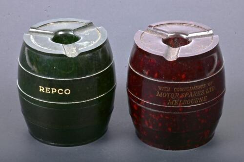 REPCO: A pair of novelty barrel form ashtrays, one marked Repco the other Motor Spares Ltd, Melbourne, each 8cm high