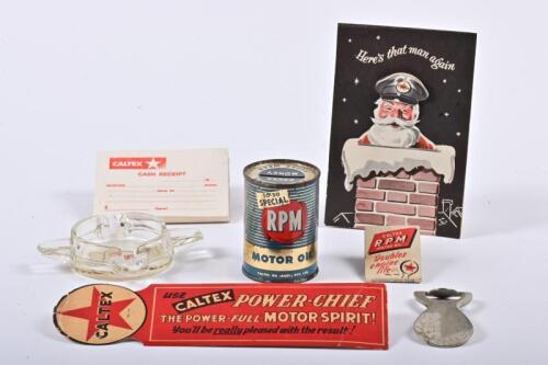 CALTEX: A collection of 1950/60s Caltex items, including an ashtray, RPM money box, bottle opener and Christmas card