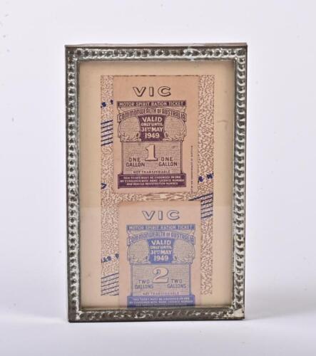RATION TICKET: Two framed Motor Spirit ration tickets, one for 1 gallon and one for 2 gallons