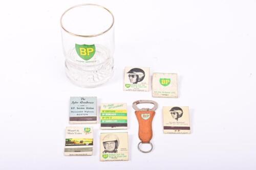 BP: A collection of BP items and ephemera including a gilt rim glass, bottle opener, calendars, books of matches with racing drivers Allan Moffat and Frank Matich, maps etc