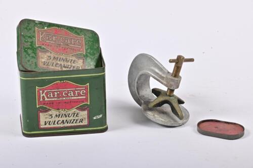 KAR-CARE: A five minute Kar-Care Vulcanizer clamp in original tin with heat pad