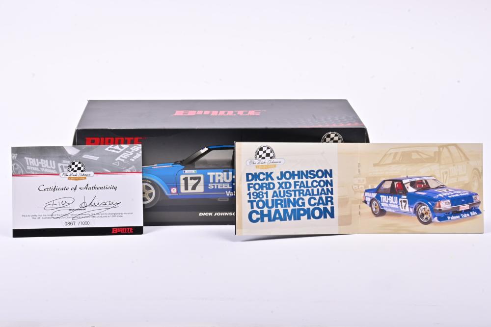 FALCON: A 1:18 scale Biante Ford XD Falcon as raced by Dick Johnson in 1981  ATCC champion, #17, missing the aerial, with COA signed by Dick Johnson and  numbered 867/1000, in fitted box - Price Estimate: $ - $