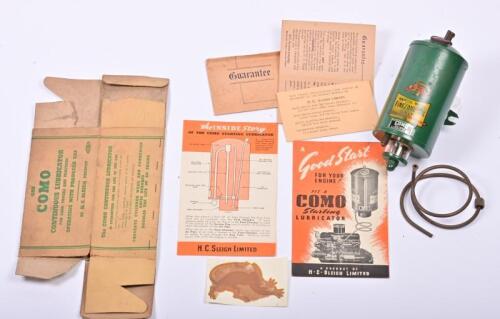 FIREZONE: A 1940s metal NOS H C Sleigh Como Lubricator for dispensing Firezone Como oil directly into the vehicle engine. Highly recommended for vehicles with gas producers&nbsp;as used during petrol rationing. Comes with original box, guarantee, pamphlets and