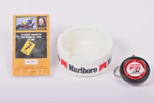 MOTORCYCLING: A Barry Sheene memorial pin, Marlboro/Yamaha keyring and a Marlboro ashtray