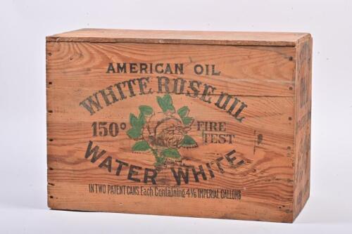 WHITE ROSE OIL: A vintage hardwood White Rose Oil box, packed for the Vacuum Oil Company, 37cm high, 53cm wide, 27cm deep