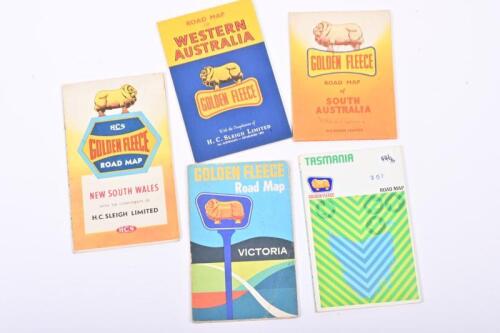 GOLDEN FLEECE: Five road maps produced by Golden Fleece, comprising maps for NSW, SA, WA, VIC and TAS, various eras