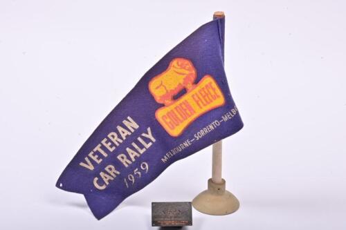 GOLDEN FLEECE: A 1959 Golden Fleece Veteran Car Rally felt pennant and a 1961 plaque, the flag 33cm high