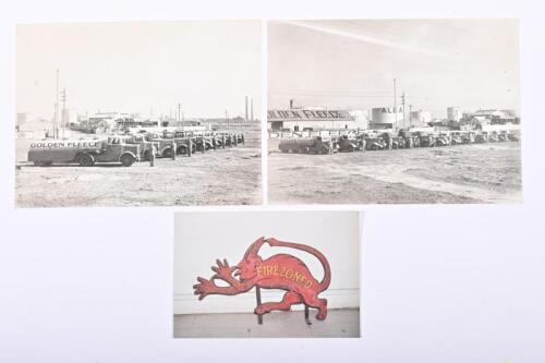 GOLDEN FLEECE: Two original photos of the 1939 Golden Fleece tanker fleet taken at Newport outside the Golden Fleece and Alba depots, and a photo of a truck mounted Firezone devil, on close inspection of the tanker fleet photos you will see these mounted 