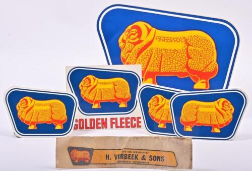 GOLDEN FLEECE: Five unused Golden Fleece stickers and a "Sold and Serviced Sticker" from H Verbeek & Sons, the largest sticker 28 x 41cm