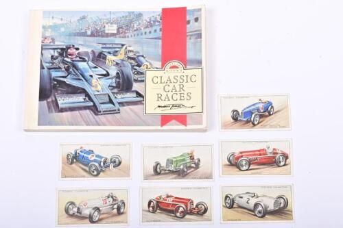 POSTCARD BOOK: A small book containing postcards of Classic Car Races as painted by Michael Turner, together with seven cigarette cards featuring classic cars