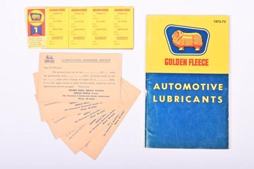 GOLDEN FLEECE: A collection of Golden Fleece service station related items including a Lubrication Service Guide, Lubricant guide book, postcard service reminders etc