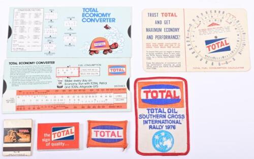 TOTAL: A collection of Total related items including cloth badges, slide paper metric to imperial convertor and a fuel consumption calculator