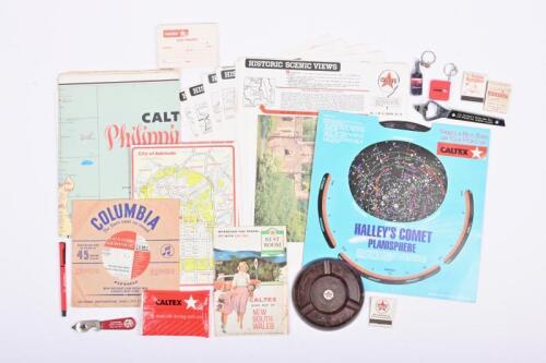 CALTEX: A collection of Caltex Oil related items and ephemera including a Bakelite ashtray, vinyl record "Don Lane Sings Money Saving Songs for Caltex", bottle openers maps and various ephemera