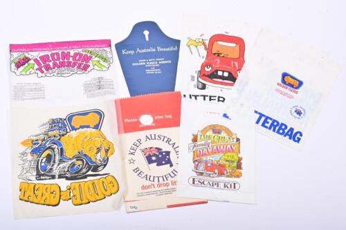 GOLDEN FLEECE: A collection of Golden Fleece plastic and paper litter bags, including a "Keep Australia Beautiful" paper bag featuring Stanley