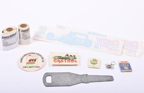 CASTROL: A collection of Castrol promotional items and merchandise, including stickers, bottle opener and matches