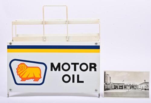 GOLDEN FLEECE: A ten bottle oil rack complete with late 1970's NOS "Techno" Motor Oil sign from the Golden Fleece service station in Camberwell, 50cm high, 51cm wide, 17cm deep