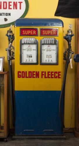 GOLDEN FLEECE: An outstanding original Gilbarco double CM petrol bowser in original unrestored Golden Fleece livery, 178cm high, 103cm wide, 43cm deep
