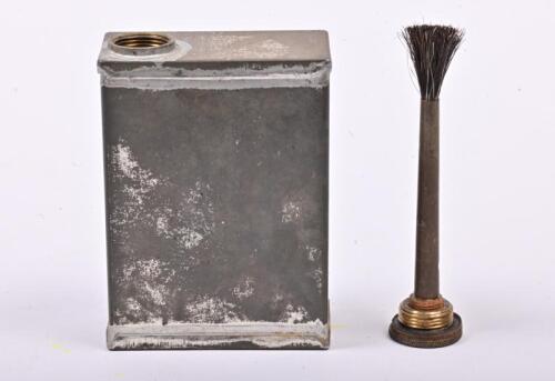 GUN OIL TIN: An oil can with brush for a Vickers Bren Gun, stamped REGA on base and marked with a broad arrow 2S.