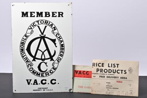 V.A.C.C: An original Victorian Automotive Chamber of Commerce member enamel sign, together with VACC ephemera including "the Garagemens Responsibilities" and "Retail Price List of Petroleum Products", 45.5cm high, 30.5cm wide