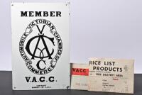 V.A.C.C: An original Victorian Automotive Chamber of Commerce member enamel sign, together with VACC ephemera including "the Garagemens Responsibilities" and "Retail Price List of Petroleum Products", 45.5cm high, 30.5cm wide