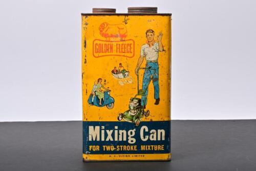 GOLDEN FLEECE: A rare early 1960s one gallon Mixing Tin for Two Stroke Mixture Golden Fleece motor oil tin