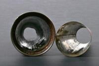 SHELL BOTTLE: A 1930s Shell one imperial quart embossed glass bottle and tin pourer with another pourer sleeve that was riveted and overlaid the original pourer - 5