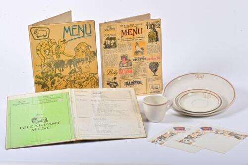 GOLDEN FLEECE: A group of Golden Fleece restaurant related items, comprising three restaurant menu covers, a branded plate, side plate and cup and saucer and two napkins