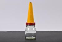 SHELL: A one half pint glass oil bottle with NOS Shell 2-T Two Stroke Oil tin oil pourer - 3