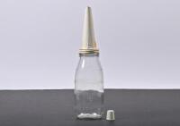 SHELL: A 1960s one quart glass oil bottle with NOS 20W-40 X-100 tin oil pourer and dust cap - 2