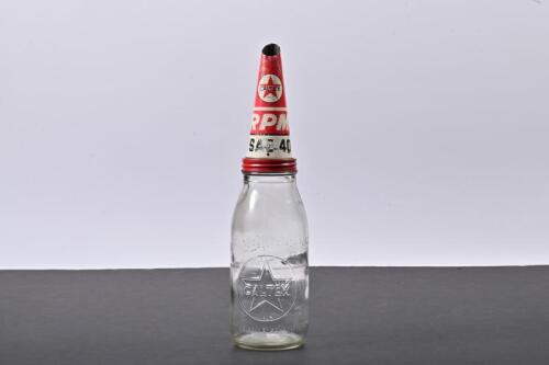 CALTEX: A 1940s one imperial quart embossed Caltex glass oil bottle with RPM SAE 40 tin oil pourer